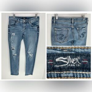 Silver Sam Skinny Jeans Size 29x29 (Tag 28x29) Denim Distressed Light Wash‎